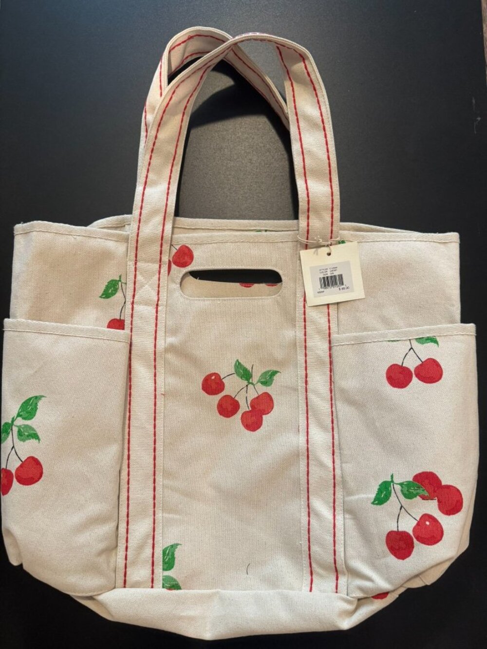 Canvas Cherry Print Tote Bag - Cream/Red